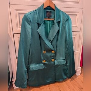 Forever 21 Emerald Green Satin Blazer Gold Buttons Holiday Party Jacket Size S